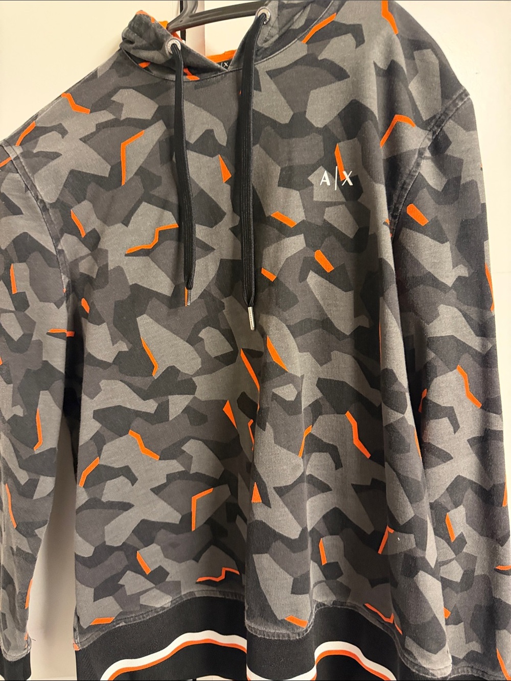 A/X Armani Exchange Men’s Gray Camouflage Crewneck Hoodie with Orange Accents